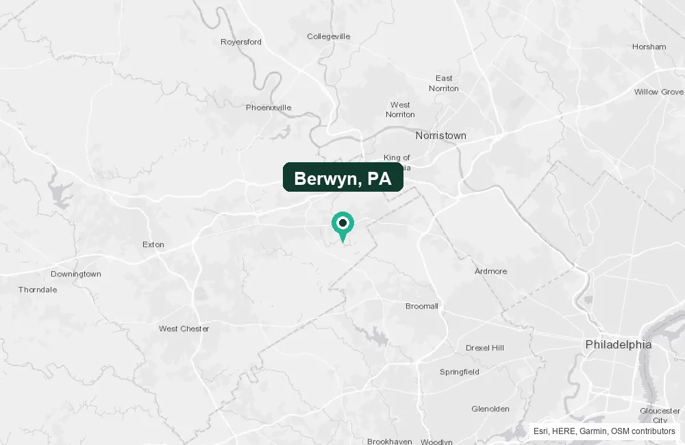 Map of Berwyn, Pennsylvania and the surrounding Chester County area service area